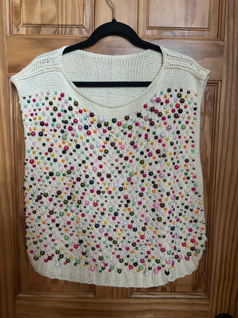 Beaded Cream Knit Tank with Multicolor Pearls